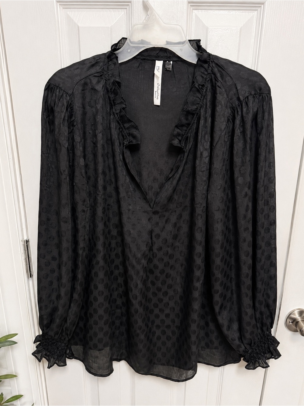 Collection‎ Woman 1X Black Sheer Clip Dot Blouse Ruffle Whimsy Goth Boho Top